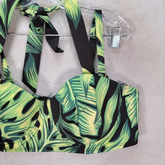 High Dive ModCloth Green Leaf Tropical Halter Retro Style Swim Top Swimwear - Picture 4 of 13